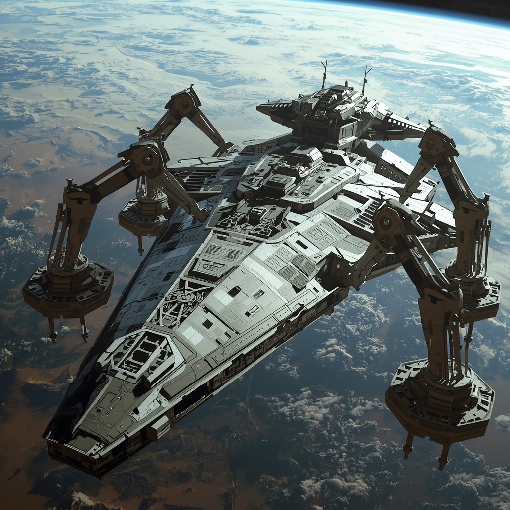 A high-tech orbital shipyard constructing a massive starship with robotic arms, Earth visible in background, detailed Sci-Fi style